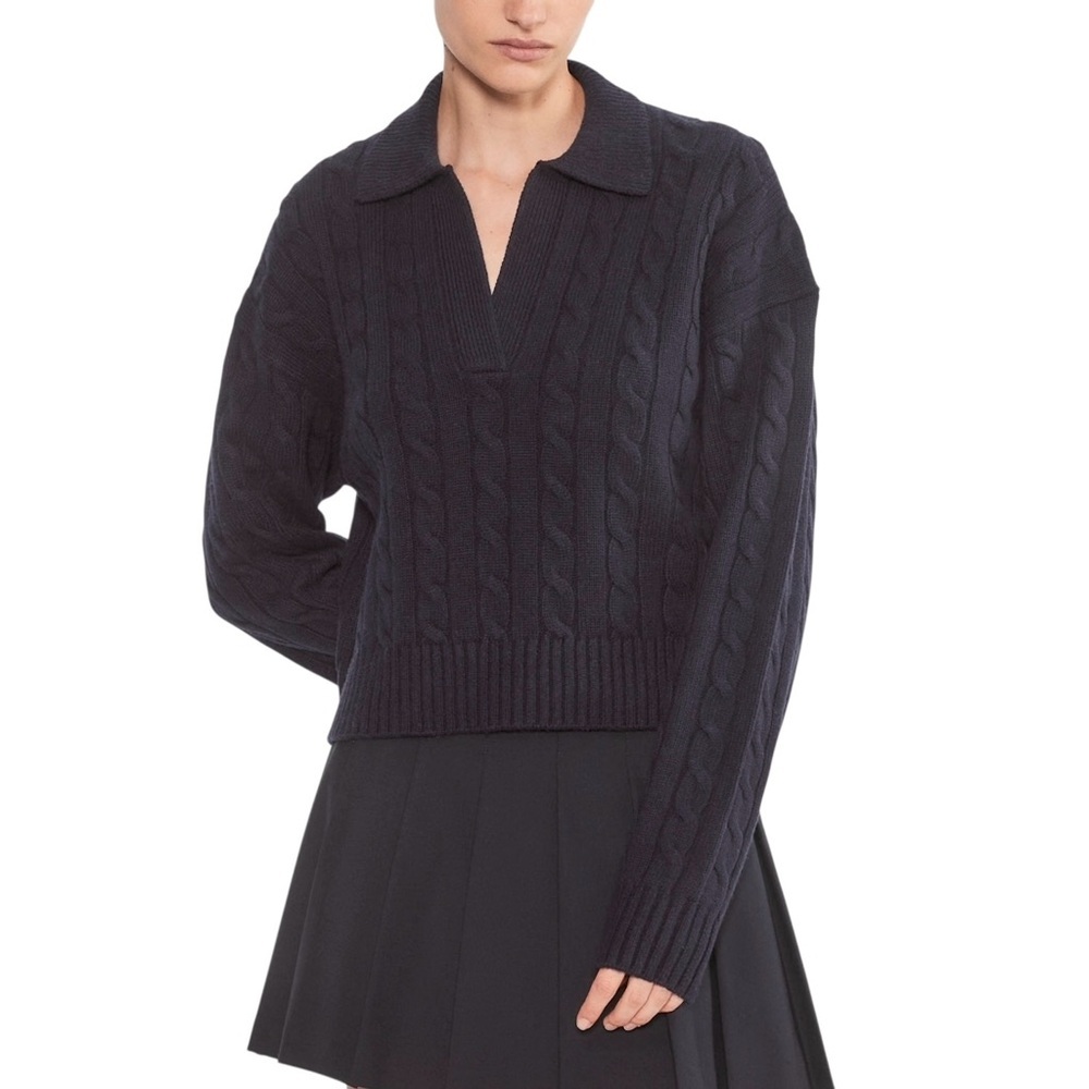 Aritzia Sunday Best Lottie Cable Knit Polo Sweater Black Merino Wool Sz M